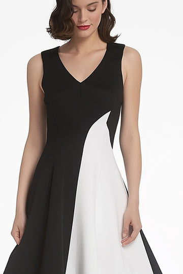 Elegant Black And White V-Neck A-Line Midi Dress